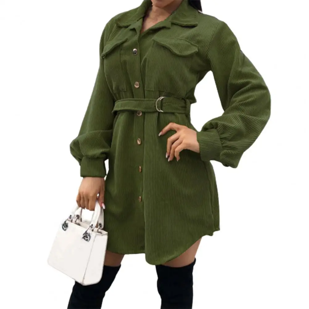 Shirt Dress Solid Color Double Pockets Autumn Winter Turndown Collar Lace-up Coat Dress for Office