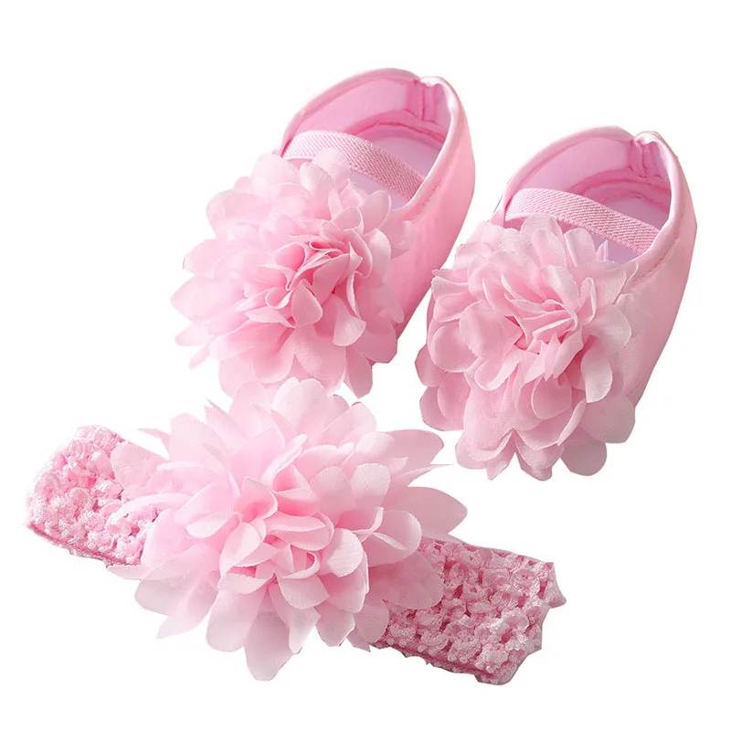 Newborn Lace Flower Shoes+Headband Baby Soft Anti Slip Shoes Infant White Birthday Shoe Toddler First Walkers for Child Bebe 12M