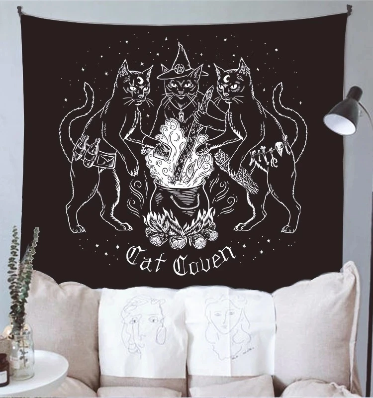 Tapiz de brujería de adivinación misteriosa de gato, tapices colgantes de pared de Baphomet, pared del hogar oculta, decoración fresca negra, Coven