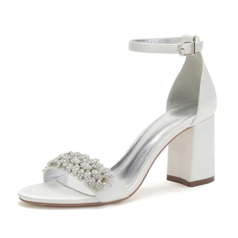 Eleganti sandali da sposa con tacco largo in raso scarpe per sposa punta aperta cinturino con fibbia alla caviglia cristalli Prom sandali da