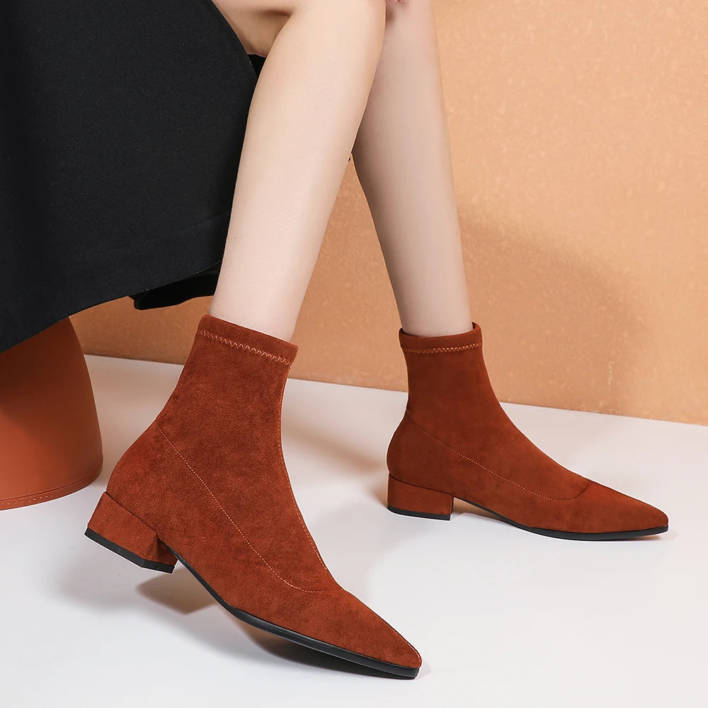 Botas femininas de salto alto, sapatos da moda para mulheres com elástico no tornozelo, salto grosso, meias femininas, novo, outono e inverno, 2020