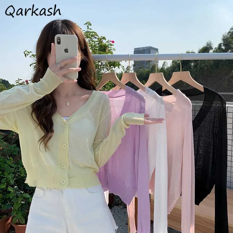 Cardigan Women Thin Summer Casual Solid Feminino Sun-proof Ulzzang All-match Knitted V-neck Sweet Style Candy Color Basic Daily