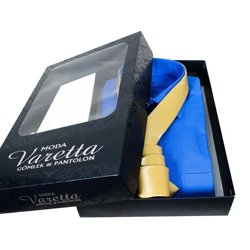 Customized gift for men Long Sleeve men's shirt Solid blue Shirt and tie men gift set valentine gift for men gift box by Varetta