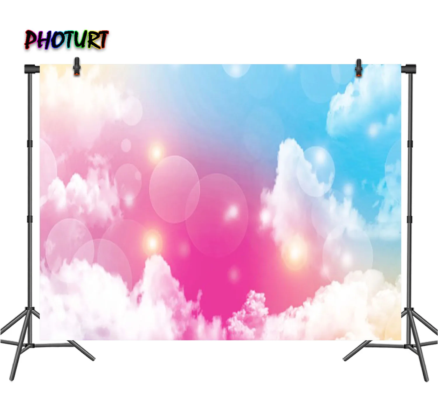 

PHOTURT Pink Clouds Backdrop Birthday Wedding Decorate Background Blue Sky Glitter Banner Polyester Vinyl Photography Props