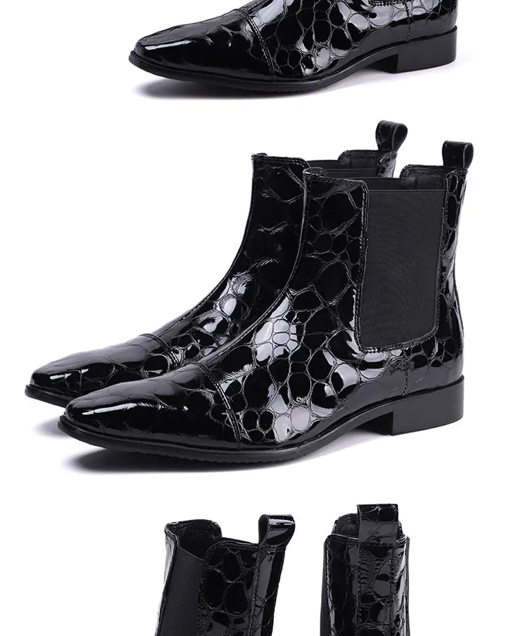 Frühlingsswarze kurze Stiefel mit Krokodilmuster, modische Stiefel, quadratischer Kopf, Lackleder, nackte Chelsea-Kurzstiefel für Herren – Detail 5