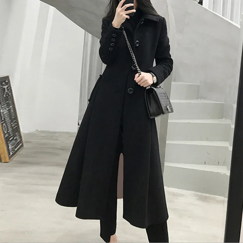 

2022 Women's Long Woolen Coat Winter New Single-Breasted Wool Windbreaker Outerwear Female Vintage Top Solid Black Wool Overcoat