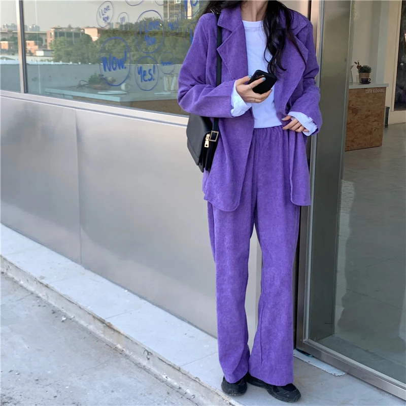 Autumn Winter Purple Corduroy Women\'s Office Suit Korean Clothes Blazer Girly Casual Loose Wide Leg Pants Two-Piece Sets Female