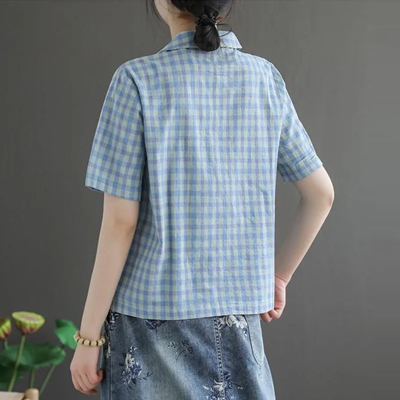 Blouses Shirts Women Summer Casual Plaid Tops New 2020 Korean Style Turn-down Collar Female Vintage Blouse High Quality P990