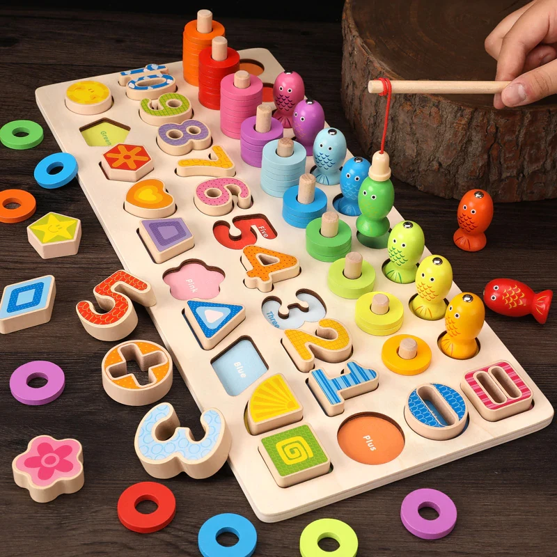 Montessori quente brinquedos educativos de madeira para crianças placa matemática pesca contagem números correspondência corte digital frutas educação precoce brinquedo