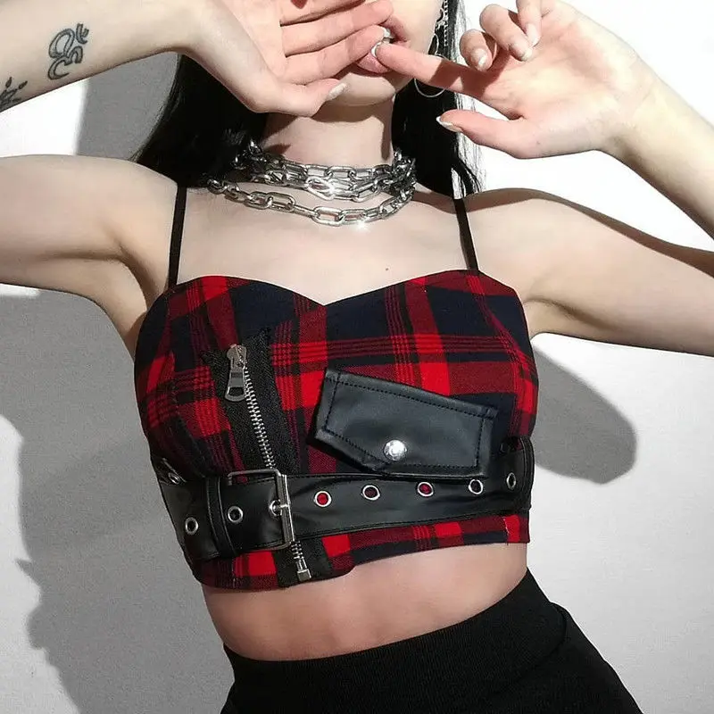 JyoJyo Sexy Y2k Zipper Crop Top Women Pu Leather Summer Sleeveless Black Red Plaid Tank Tops Pockets Vintage Fashion Punk Tops