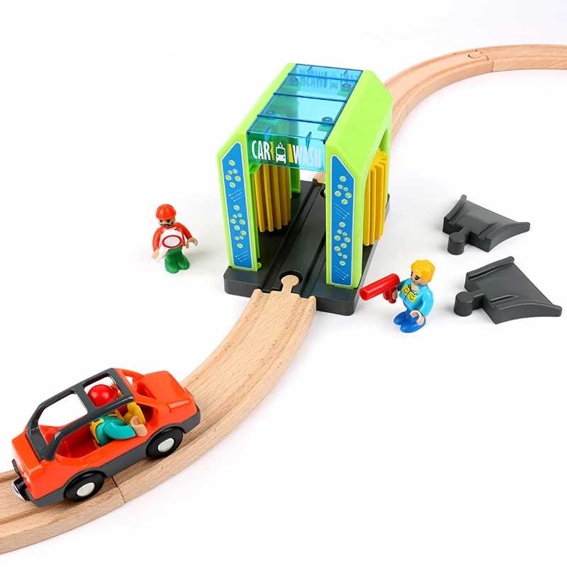 Rail car toy car wash rail car set train scene children fire station police station simulation toy compatible with wooden track