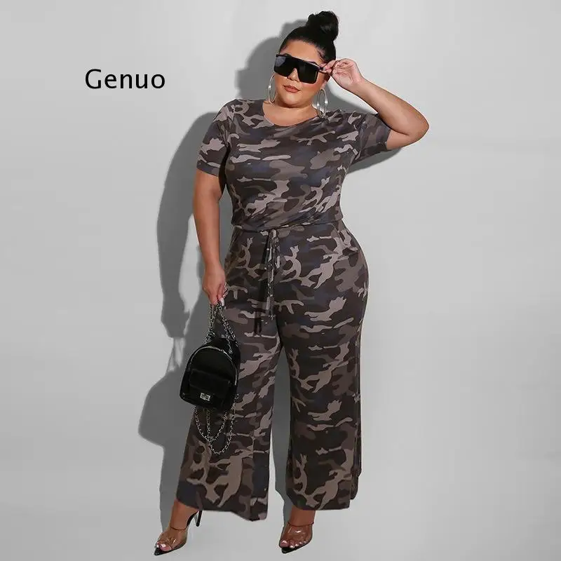 Camouflage Printed Women Jumpsuits Wide Leg  Short Sleeves o Neck Loose Ladies Rompers Summer Autumn Outfits Femme