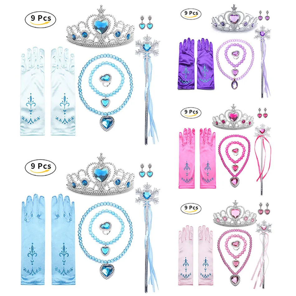 Girls Anna Elsa Cosplay Sets Crown Magic Wand Necklace Wig Gloves Accessories Earring Bracelet Halloween Party Dress Up Props