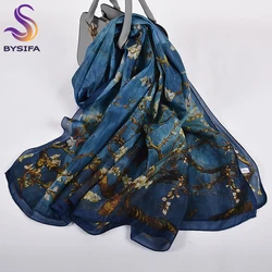 Sciarpa di seta pura arancione blu inverno donna scialle primavera autunno moda grandi eleganti classiche sciarpe lunghe avvolge stampato 180*110cm