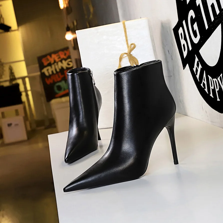 

BIGTREE 2022 Spring PU Ankle Boots Women Shoes Chelsea Boots Pointed Toe Thin Heels Fashion ANKLE Zipper Sewing Solid Size 34-40