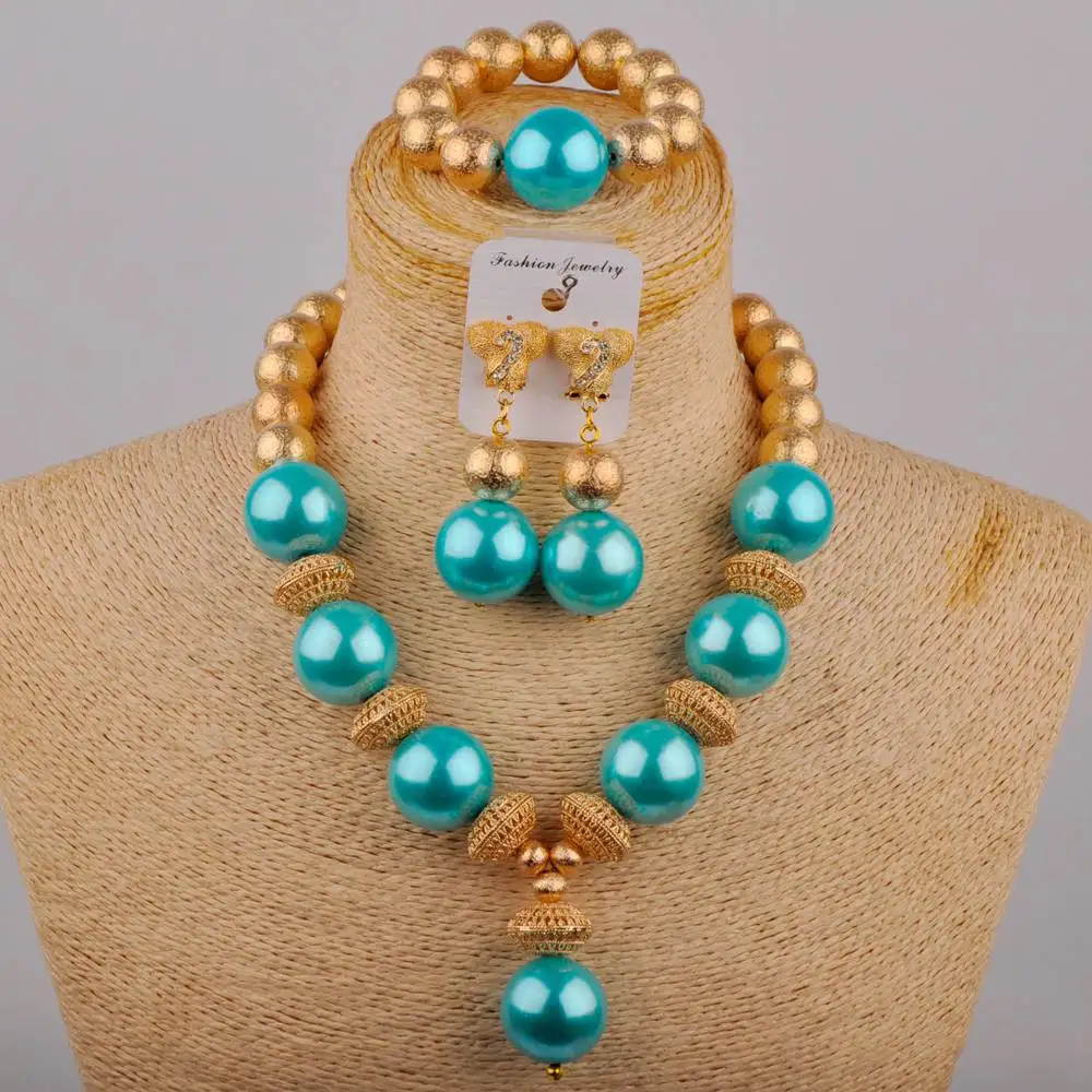 

New African Bride Ladies Fashion Wedding Bead Jewelry Nigerian Bride Wedding Lake blue Glass Pearl Jewelry Set SH-57