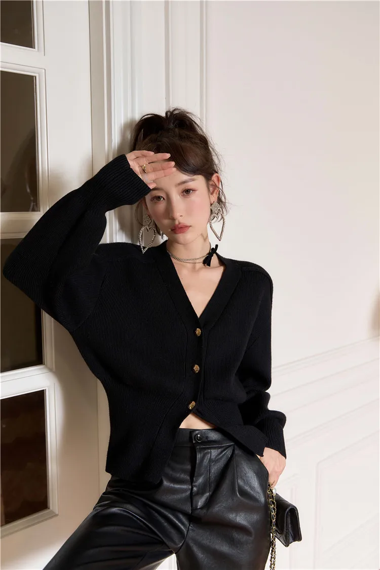 CHEERART Black Lantern Sleeve V Neck Cardigan Sweater Women Korean Fashion Knitted Sweater Designer Winter Autumn 2021 Clothes