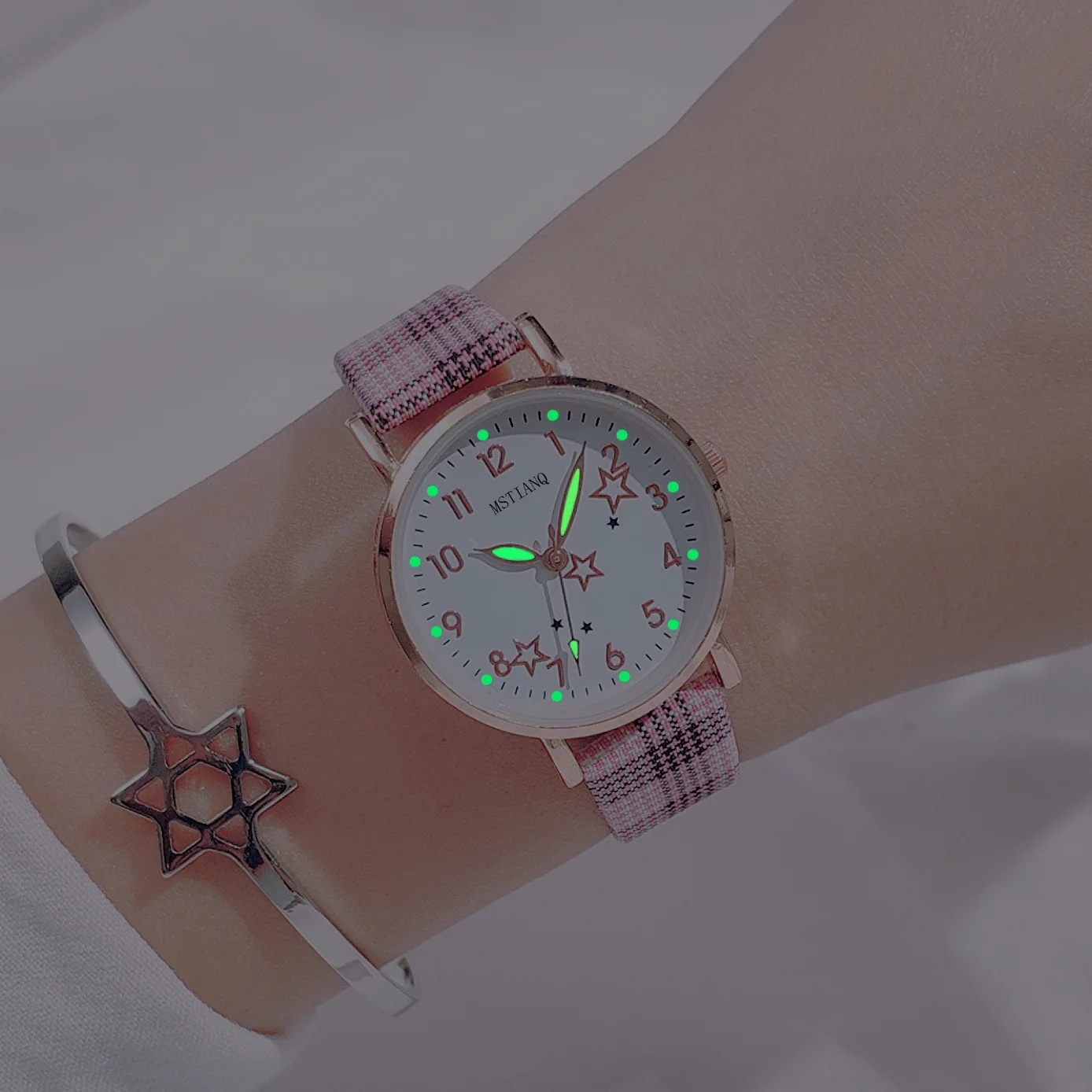 

Lattice Strap Ladies Watch Cute Star Pattern Women Wristwatch Luminous Students Girls Watches Set Gift Fashion relogio feminino