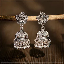 Ethnic Silver Color Flower Indian Jhumka Earrings Women Bohemian Retro Tassel Bell Tibetan Earrings Oorbellen