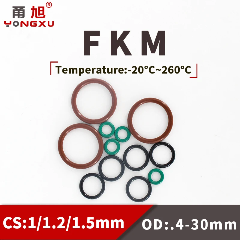 FKM O Ring Seal Gasket Thickness CS1/1.2/1.5mm OD3-30mm FPM Oil Acid and Alkali Resistant Automobile Fluororubber O-Ring 70A.-.