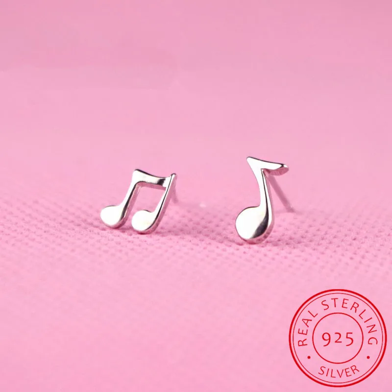 Real 925 Sterling Silver Women's Jewelry Fashion Small Music Note Stud Earrings wedding party Gift For Girls Kid Lady Women/jljk