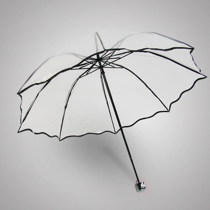 Transparent Folding Non-automatic Umbrella Men Ripple Edge Windproof Rain Umbrella Women Plastic Clear Ladies Outdoor Parasol