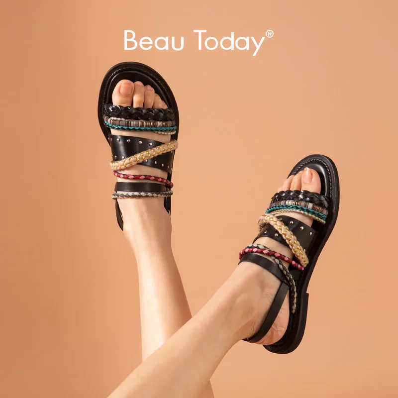 BeauToday Gladiator Sandals Women Genuine Cow Leather Mixed Color Braided Strap Slingback Summer Bohemia Ladies Flat Shoes 34513