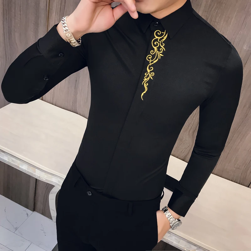 2023 Autumn Men Embroidered Shirt Camisa Hombre Long Sleeved Slim Fit Men Business Casual Shirt Formal Club Social Dress Shirt