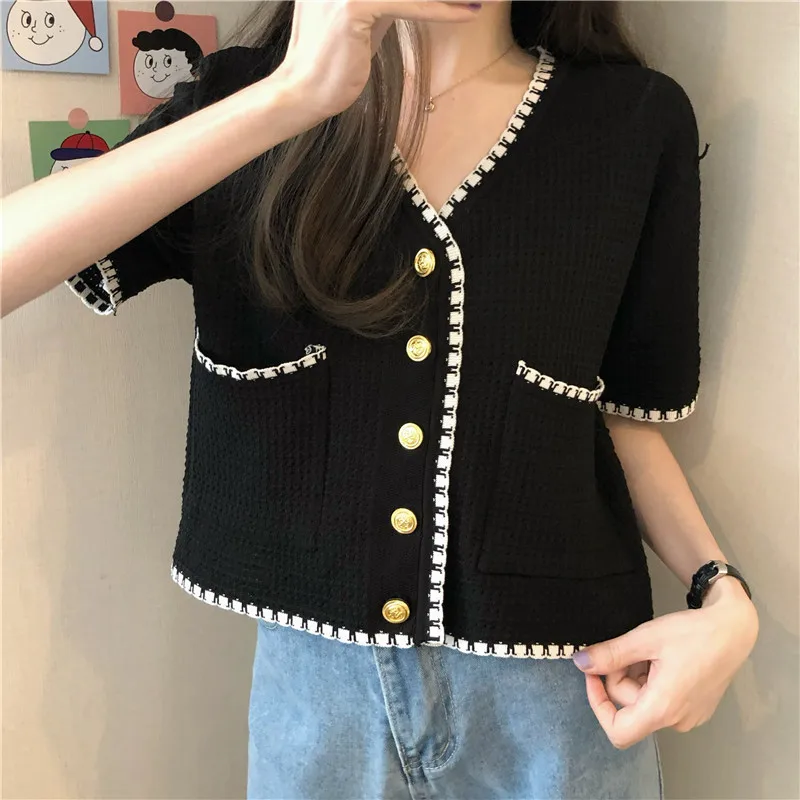 Shirts Women V-neck Knitwear Crop Tunic Short Sleeve Summer Korean Style Panelled New Arrival Open Front All-match Leisure Daily