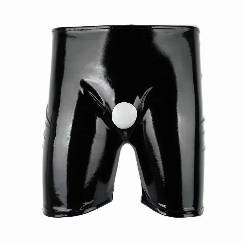 Mens Sexy Open Crotch Shiny Casual Leather Pants For Sex Glossy PVC Latex Crotchless Leather Boxer Male Erotic Bottom Underwear