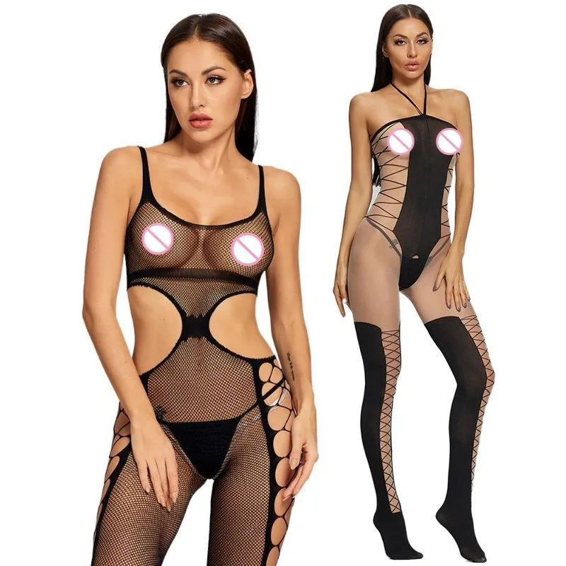 Hollow Out Transparent Bodysuit Sexy Lingerie Mesh Catsuit Sex Erotic Underwear Sexi Women Crotchless Nylon Jumpsuit Stockings