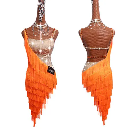 Latin Dance Competition Costume Performing Costume Tassels Skirt Slant Shoulder Coloured Diamond Brilliant #LD043