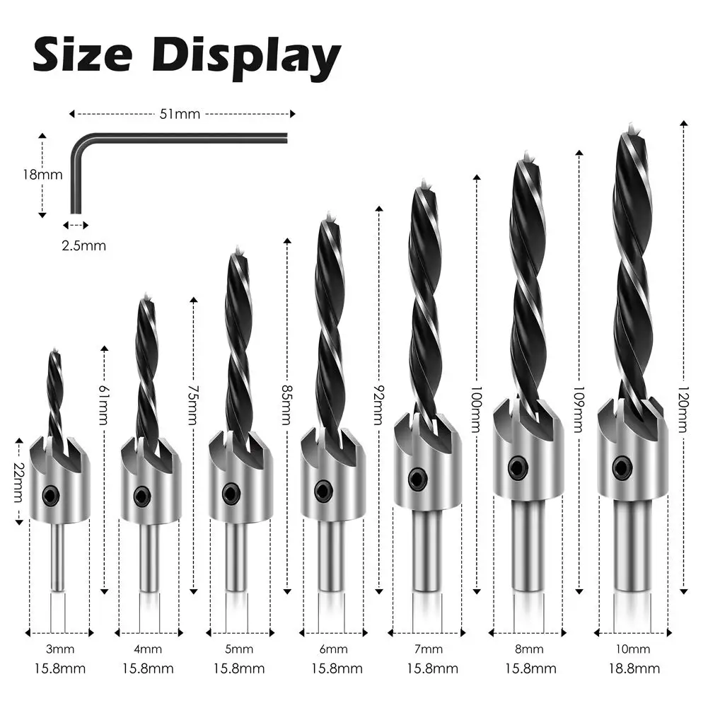 7Pcs Carpentry Countersink Drill Bit Set Round Shank HSS High Speed Steel Woodworking Pilot Screw Holes 3 4 5 6 7 8 10mm D35