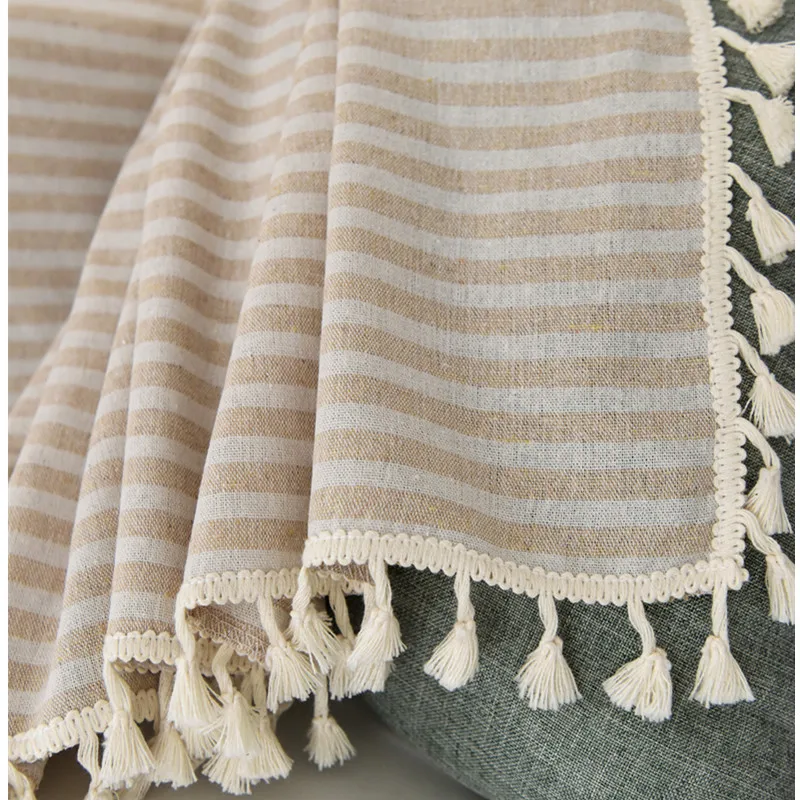 

Cotton Linen Beige Striped Blackout Curtains with Tassels Retro Window Hanging Blackout Cortina Drapes for Living Room Bedroom