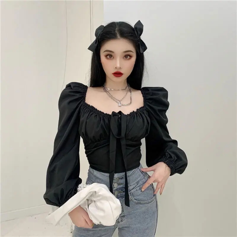 Blouses Women Long Sleeve Sexy Elegant Square Collar Slim Cropped Tops Streetwear Harajuku Korean Hip Hop Sweet Bow Pink Girls