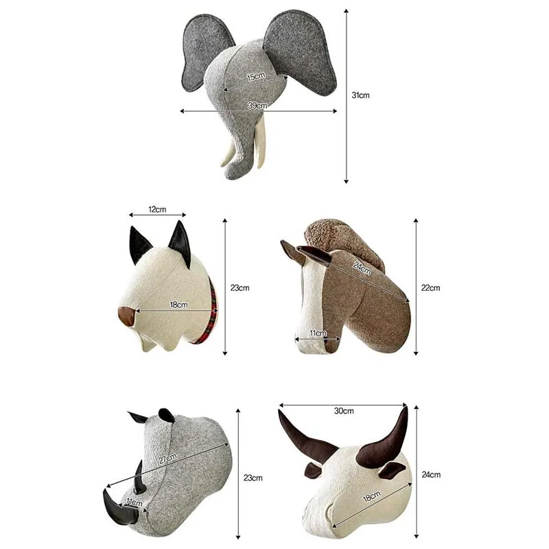 Décoration murale en forme de tête d'animal, éléphant, chien, cheval, rhinocéros, buffle, jouet beurre en peluche, pour chambre d'enfant, cadeau d'anniversaire