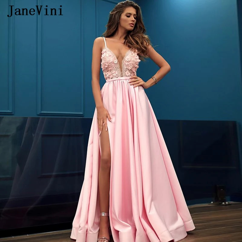 JaneVini-Vestidos de Fiesta largos de satén de talla grande, vestido de princesa rosa encantador, con tirantes finos, hecho A mano, flores, cuentas, 2020