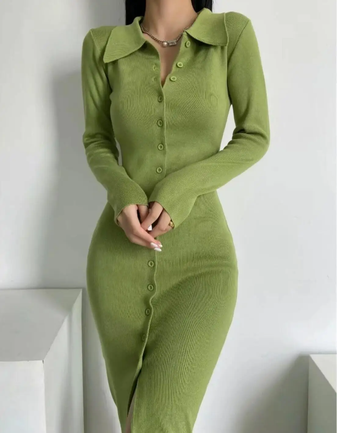 2021 Women Sexy Lapel Single-Breasted Buttons Bodycon Dresses Midi Slit Long Sleeve Sweater Dress Package Hips Slim Robe Vestido