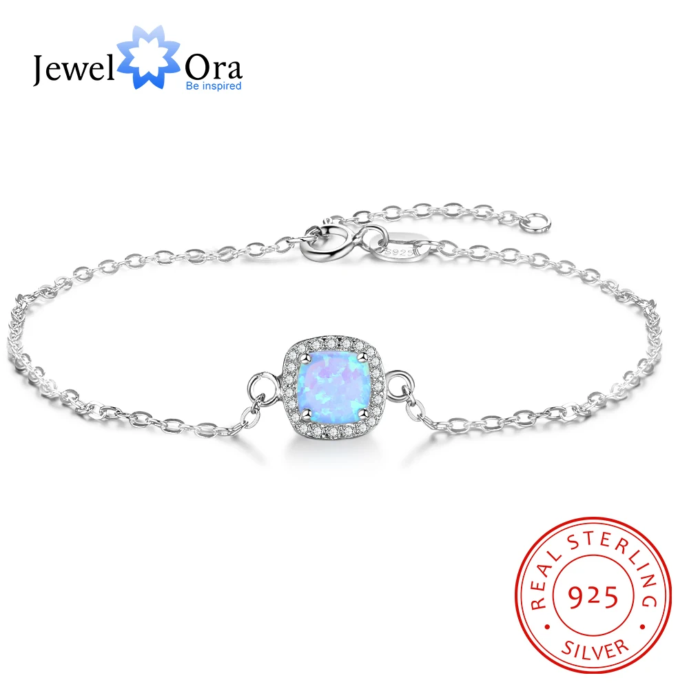 JewelOra 925 Sterling Silver Square Created Blue Opal Bracelets with Cubic Zirconia Elegant Chain Bracelets & Bangles for Women