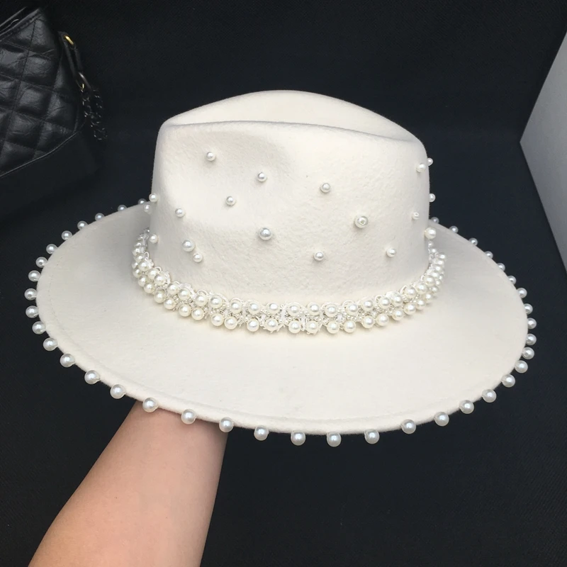 Fedora panama Autumn winter white wool women\'s hat with many Pearls ladies caps hand-made fashion French style