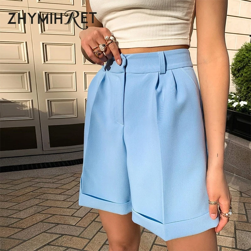 ZHYMIHRET Blue Elegant High Waist Suit Shorts Women  2023 Summer Casual Solid Wide Leg Bermuda Shorts With Pockets