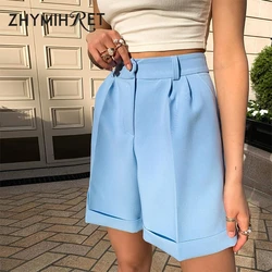 ZHYMIHRET-Bermuda taille haute avec poches pour femme, tenue élégante et décontractée, couleur bleue unie, jambes larges, été 2023