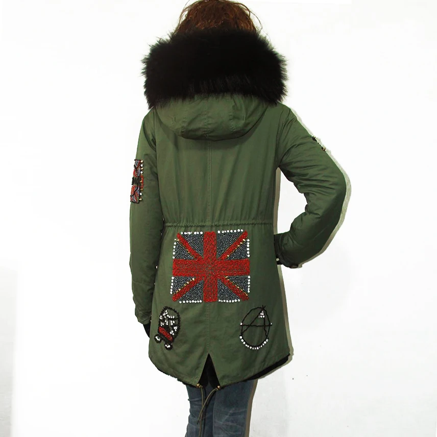 Ladies new beaded jacket winter hooded raccoon fur collar pie overcoming coat star same paragraph fur army green