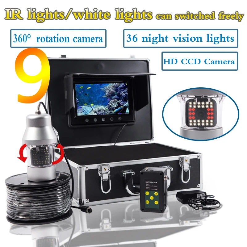 12 IR+24 White Lights Underwater Fishing Camera Ocean Lake Fish Finder Wide View Night Vision Underwater Camera Portable Case