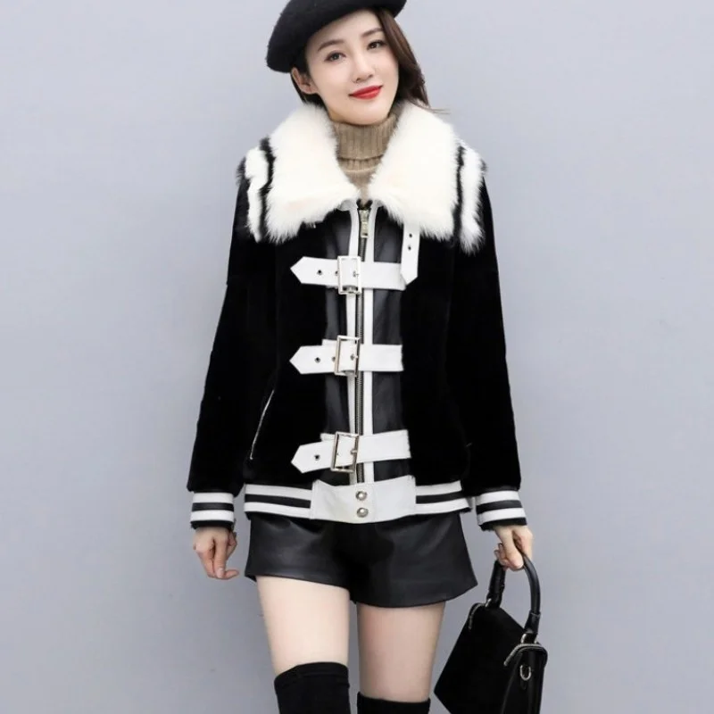 Stijl Punk Patchwork Winter Warm Faux Fur Motorcycle Biker Jasje Pu Leer Luxe Mode Jas High Street Vrouwelijke Bovenkleding