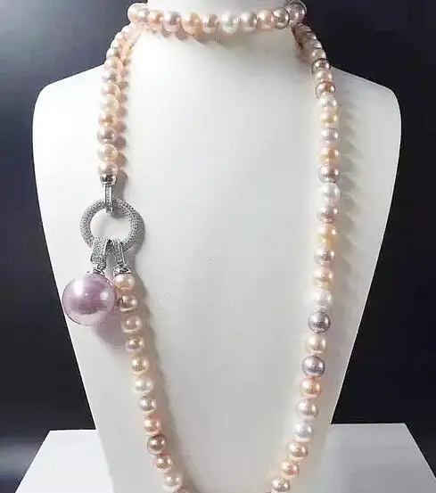 free shipping Jewelry strands 9-10 mm natural south sea white pearl necklace 16mm shell pearl pendant