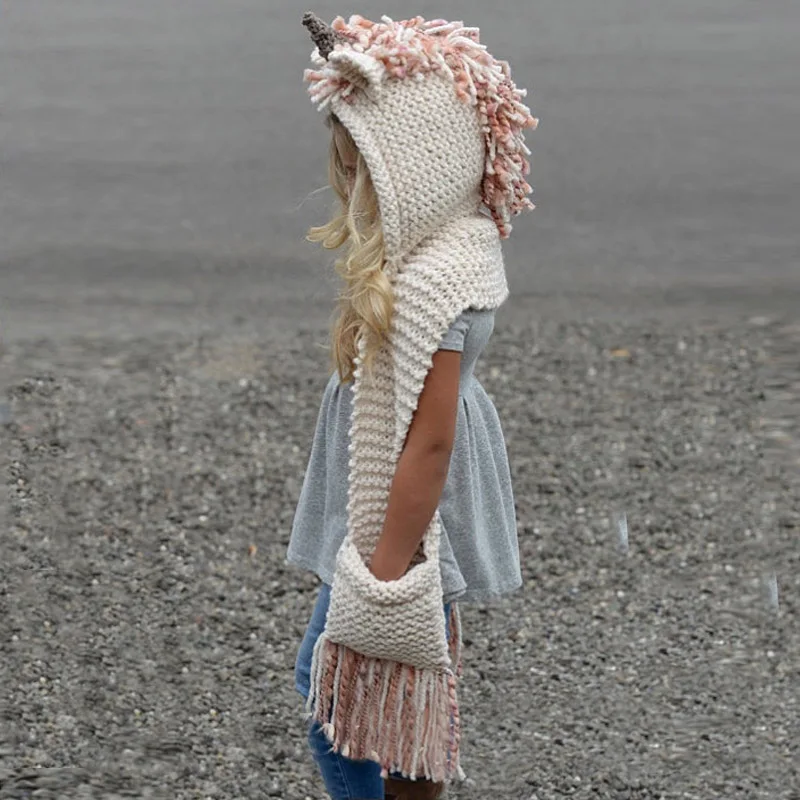 Handmade Knitted Unicorn Winter Hat and Scarf Set Crochet Hooded Design for Girls and Boys Cosplay girls winter hats