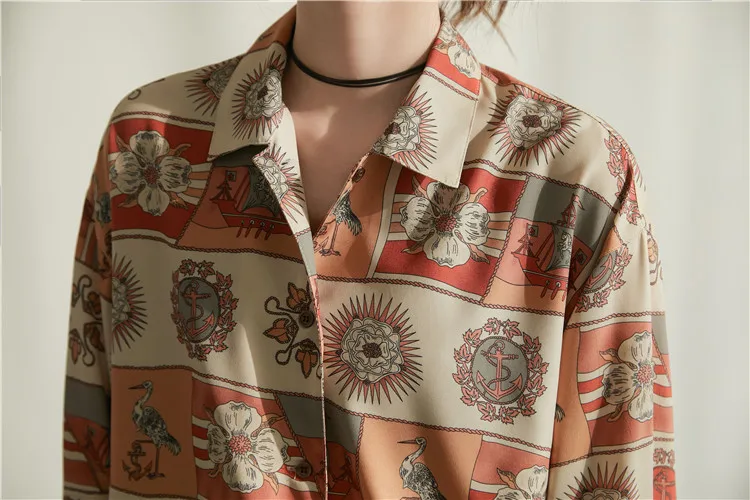 CHEERART Vintage Shirt Long Sleeve Print Button Up Collar Retro Shirt Women Top And Blouse Loose Oversized Shirt