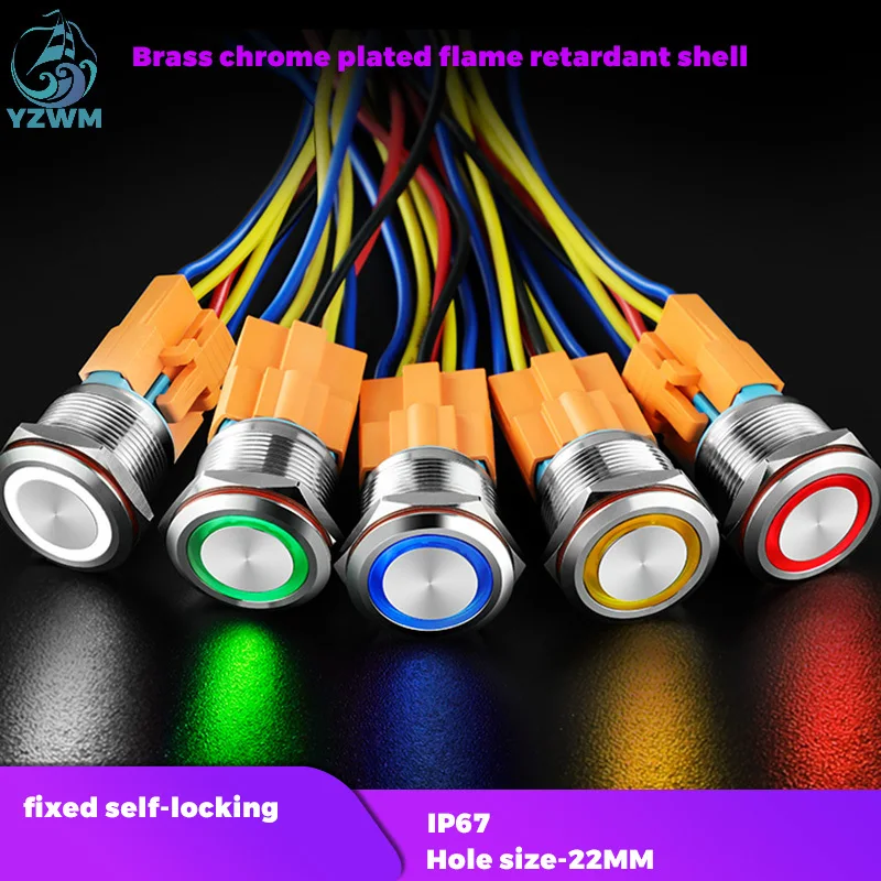 YZWM 22mm Metal Button Switch Control Switch with Circular LED Indicator 6 12 24 220 V Self-locking Switch Inching Round