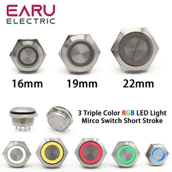 16/19/22mm 3 Triple Color RGB LED Light Mirco Switch Short Stroke Momentary Self-reset Waterproof Metal Push Button Switch Power